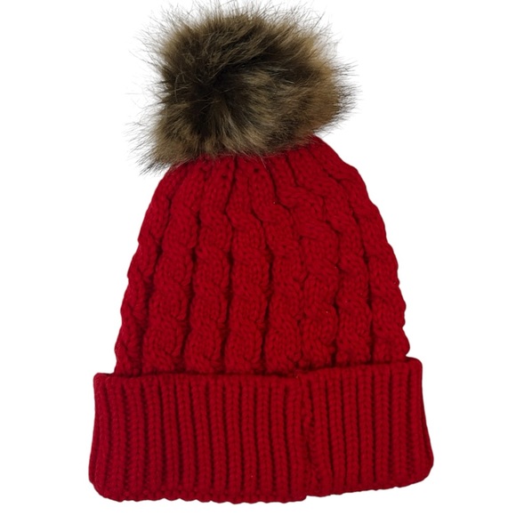 Red Cable Knit Beanie with Faux Fur Pom Soft Winter Hat Warm Chunky Knit Cap - Picture 2 of 6